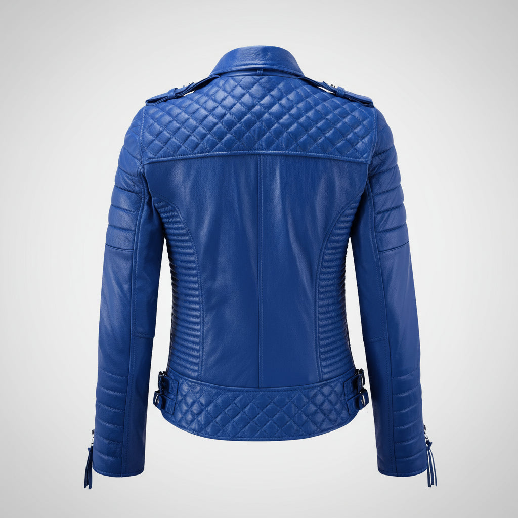 Blue leather jacket with quilted design on a white background