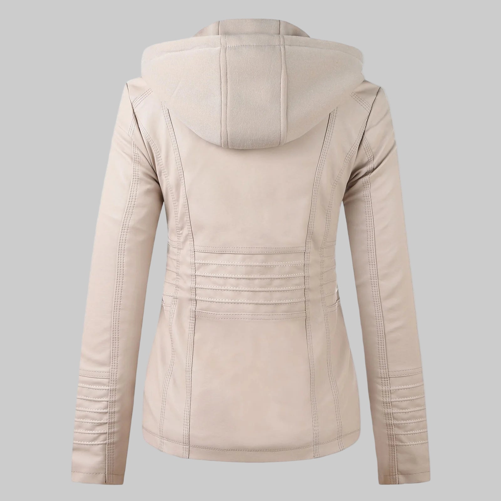 Beige leather jacket with a hood on a white background