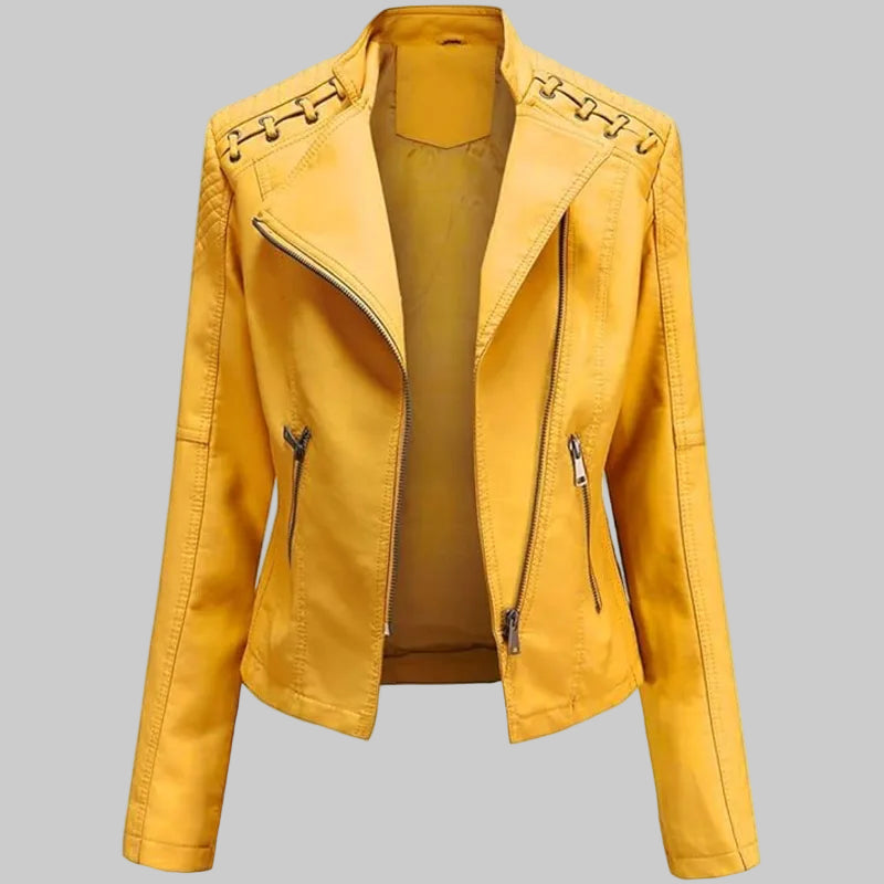 Yellow leather jacket with gold zippers on a white background