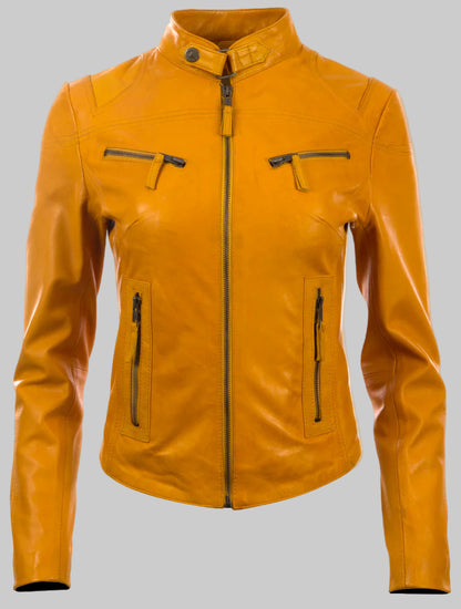 Orange leather jacket with zippers on a white background