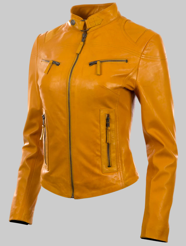 Orange leather jacket on a white background
