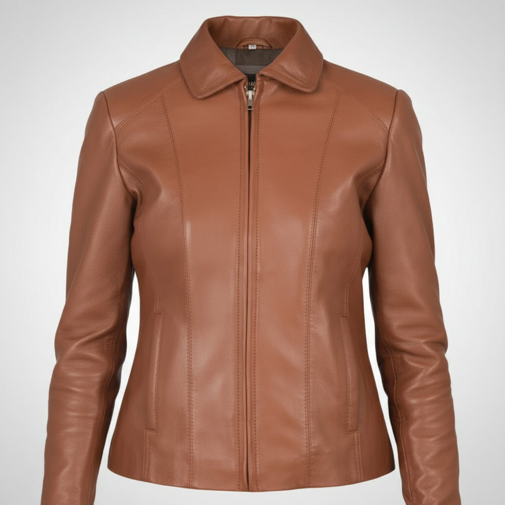 Brown leather jacket on a white background