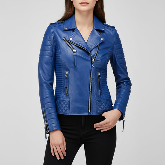 Blue leather jacket with zippers on a white background
