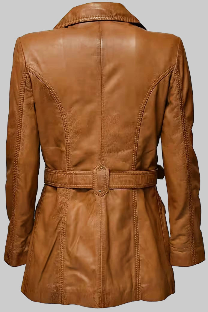 Brown leather jacket with a belt on a white background