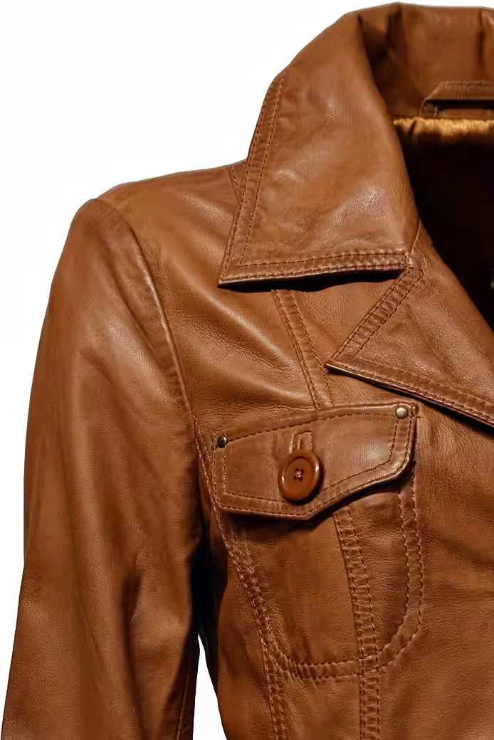 Close-up of a brown leather jacket with a buttoned pocket on a white background
