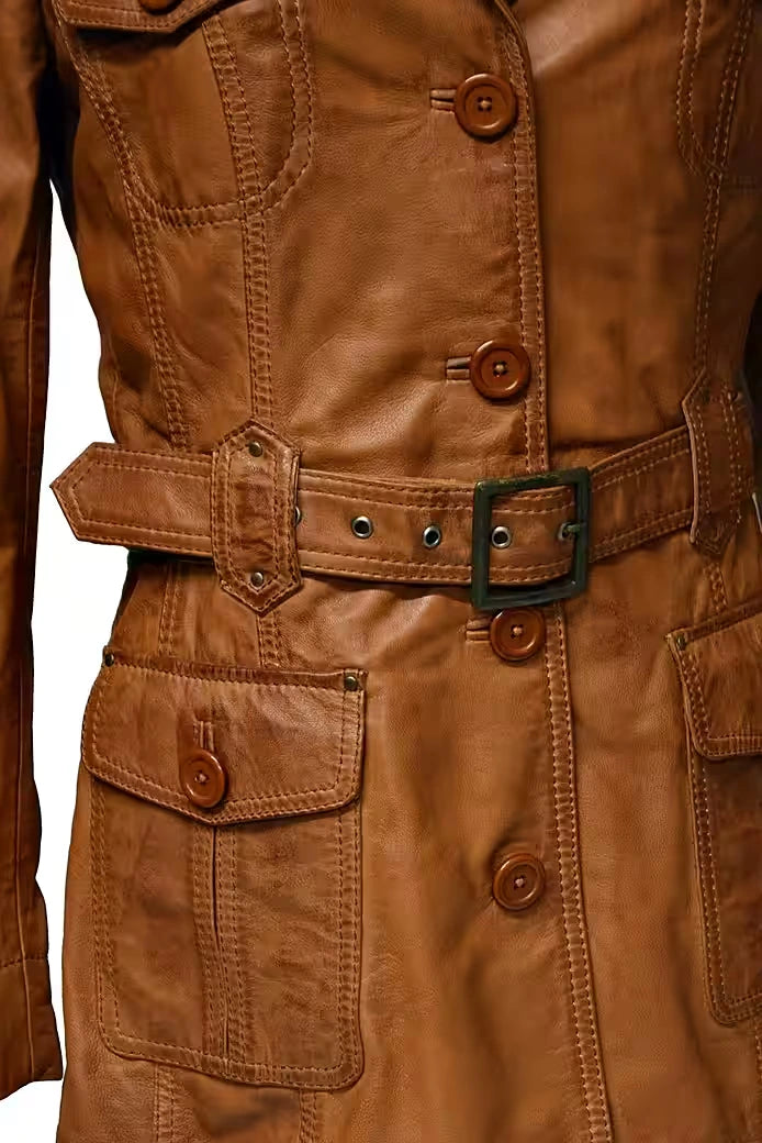 Close-up of a brown leather jacket with buttons and a belt.