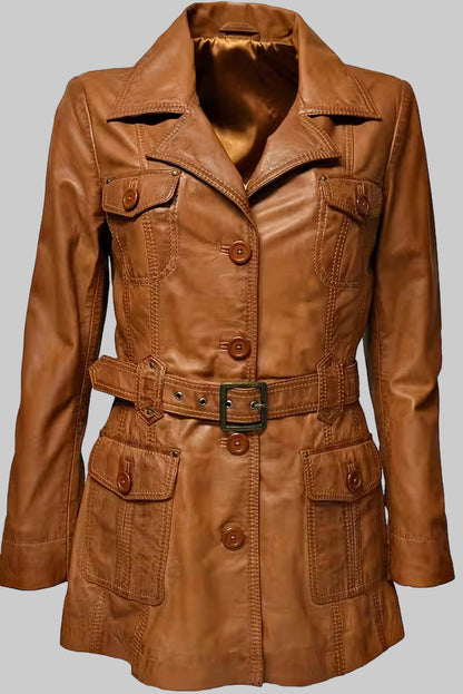 Brown leather jacket with a belt on a white background
