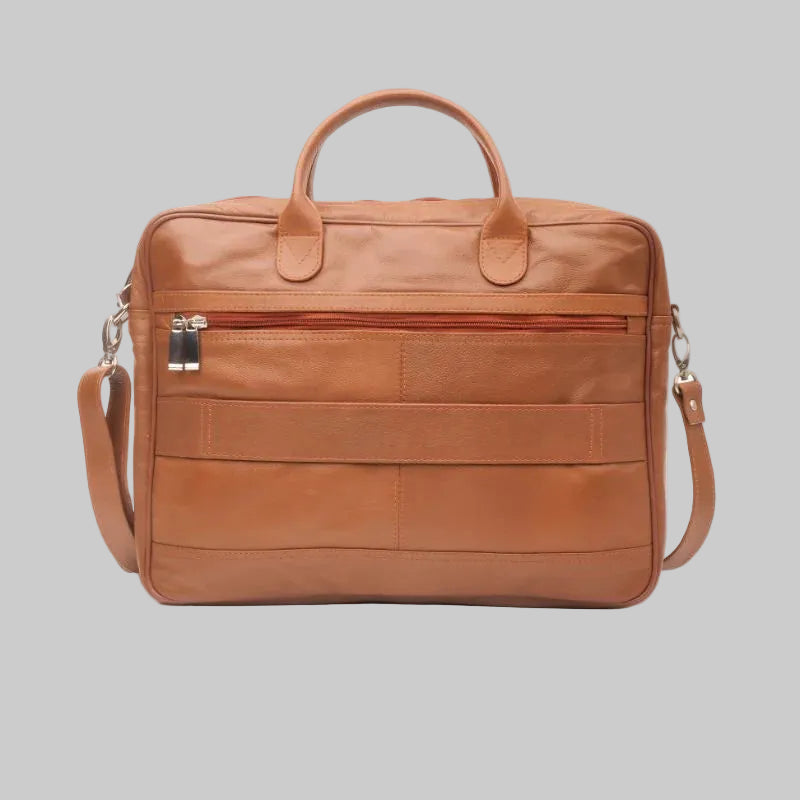 Brown leather briefcase with multiple compartments on a white background