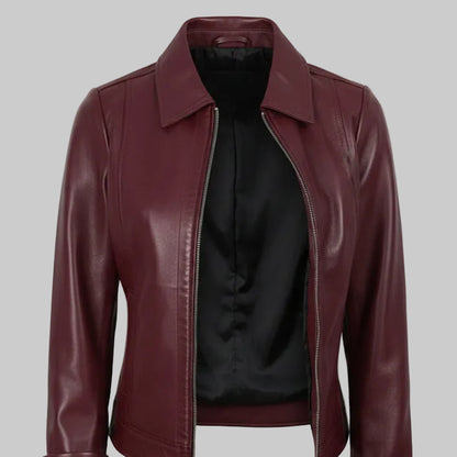 Maroon leather jacket on a white background