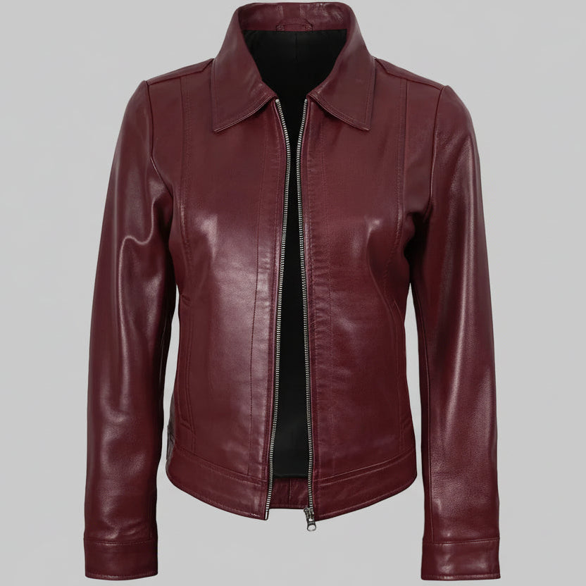 Maroon leather jacket on a white background