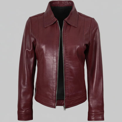 Maroon leather jacket on a white background