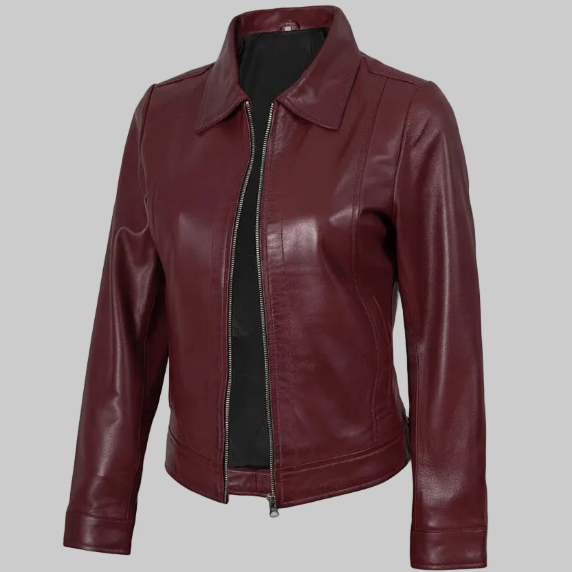 Maroon leather jacket on a white background